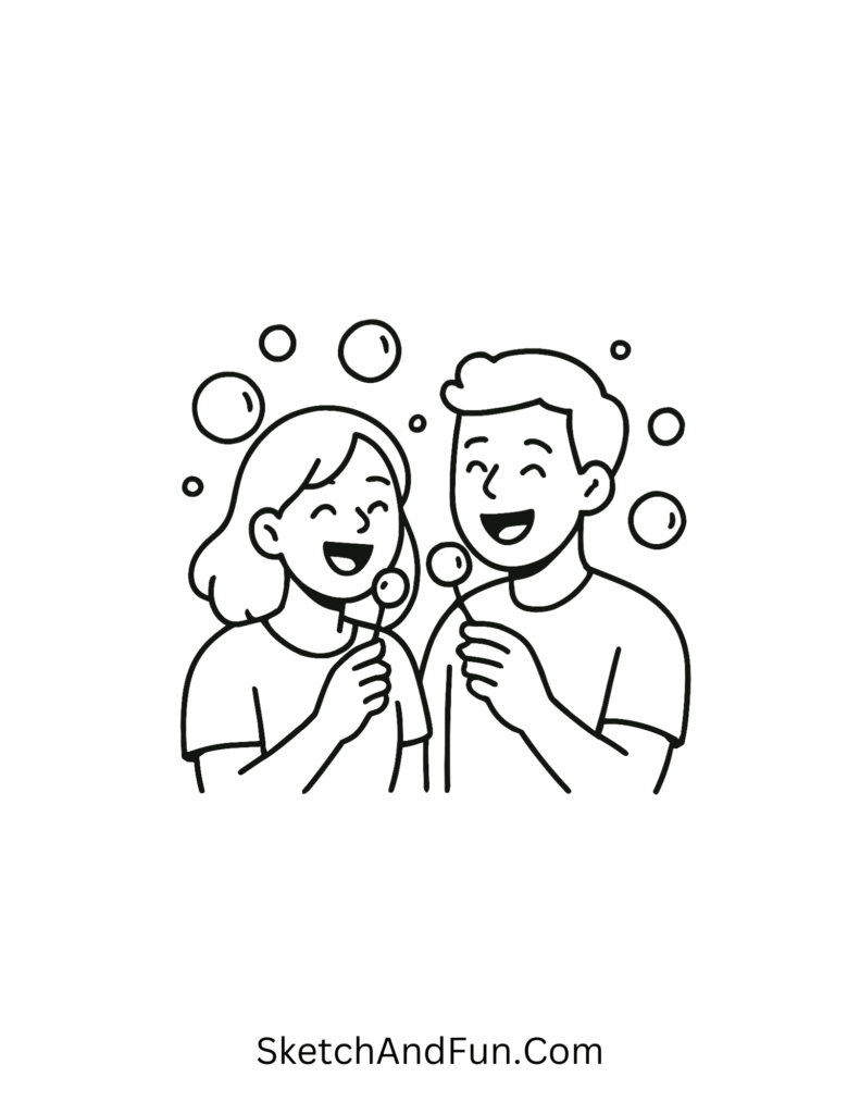 Laughing and blowing bubbles in wholesome couple doodles