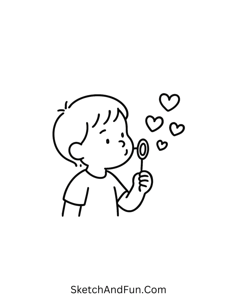 Child blowing heart shaped bubbles, joyful scene for easy February doodles