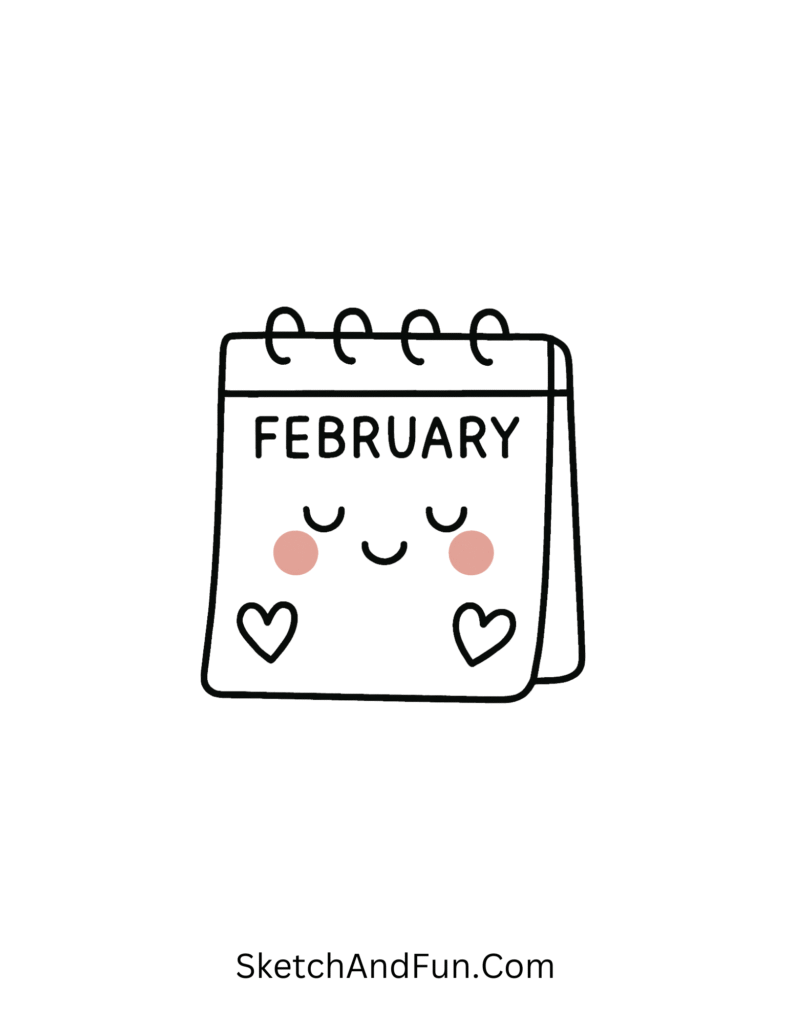 Blushing February calendar page with hearts, cute concept for February drawing ideas