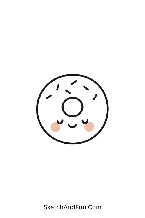 Blushing donut with soft blush dots shown as a cute food doodle drawing with clean simple lines