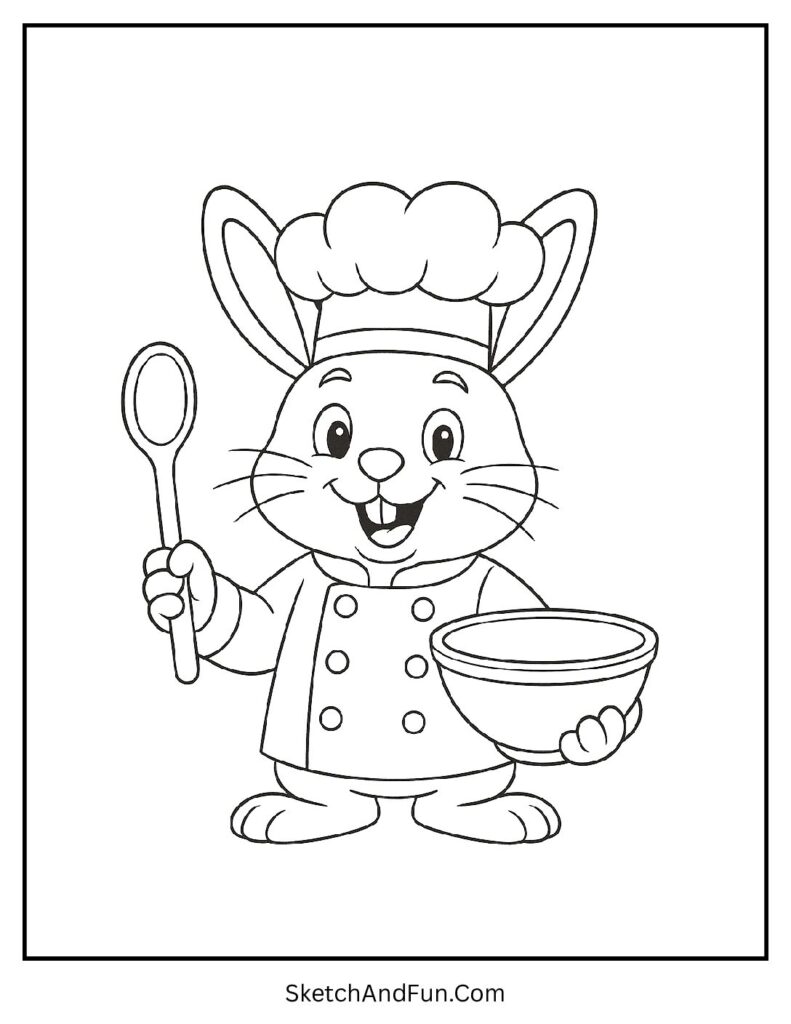 Funny bunny chef with hat and spoon from bunny coloring pages for classroom