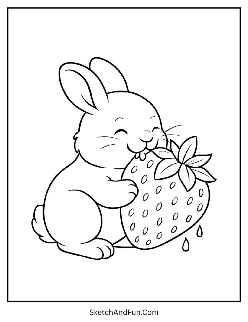 Happy bunny eating a strawberry from simple bunny coloring pages