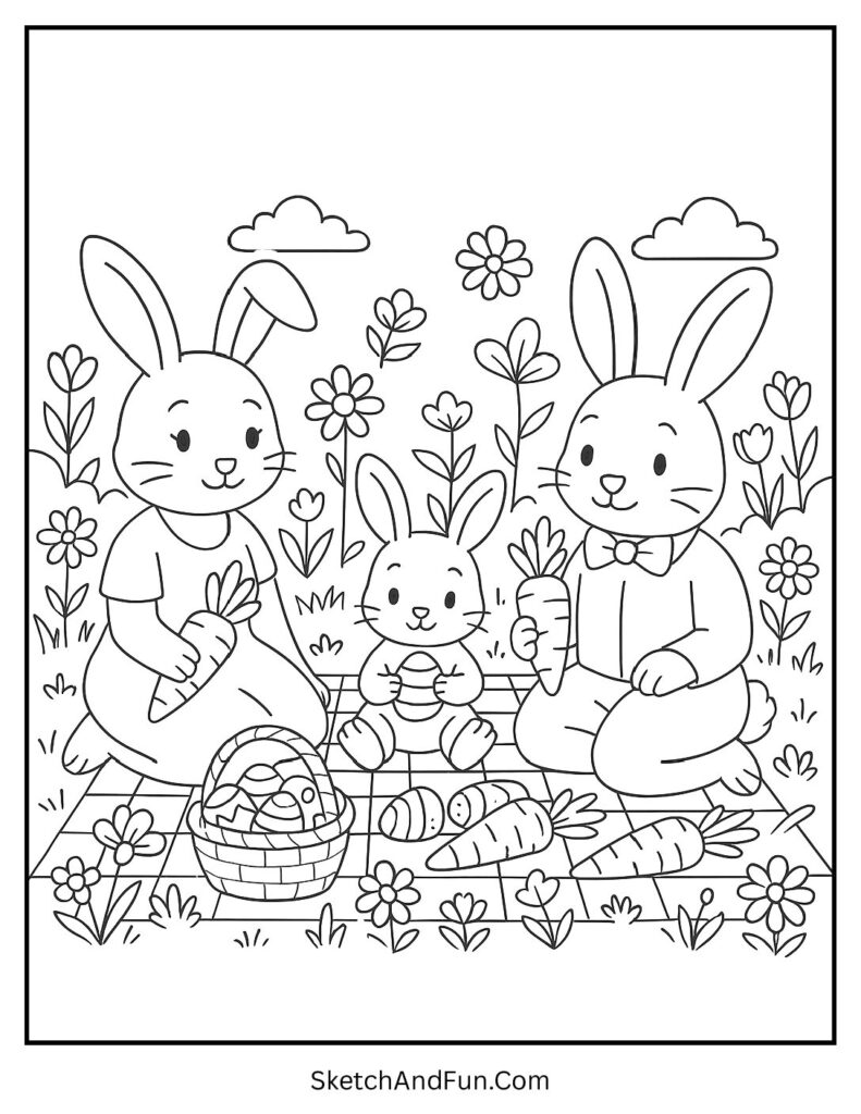 Bunny family enjoying picnic together in Easter coloring pages for family