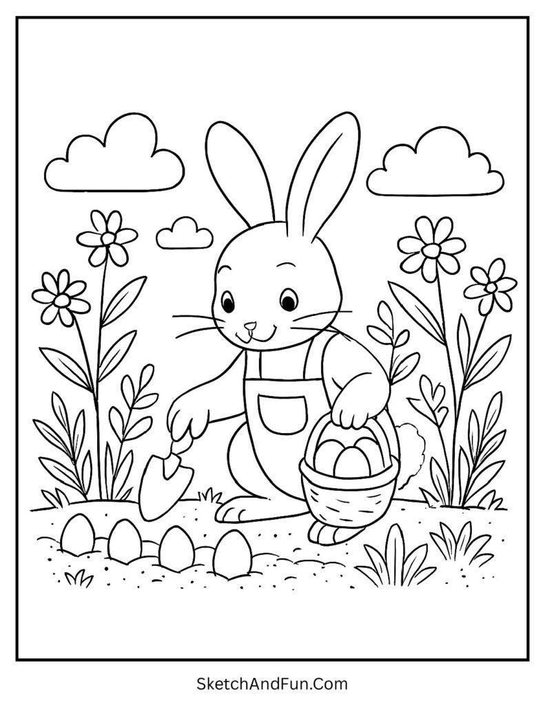 Bunny planting eggs creatively for Easter coloring pages instant download