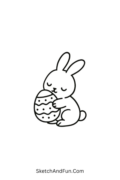 Easter bunny drawing easy with a small bunny holding a big Easter egg