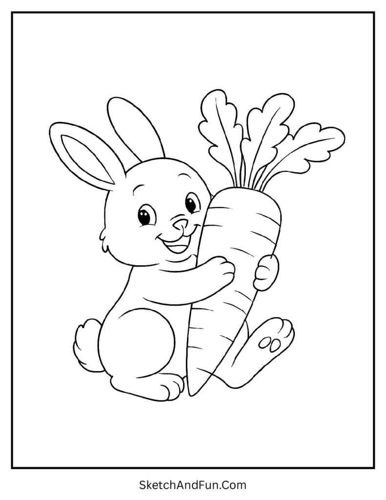 Funny bunny hugging a giant carrot from cartoon bunny coloring pages