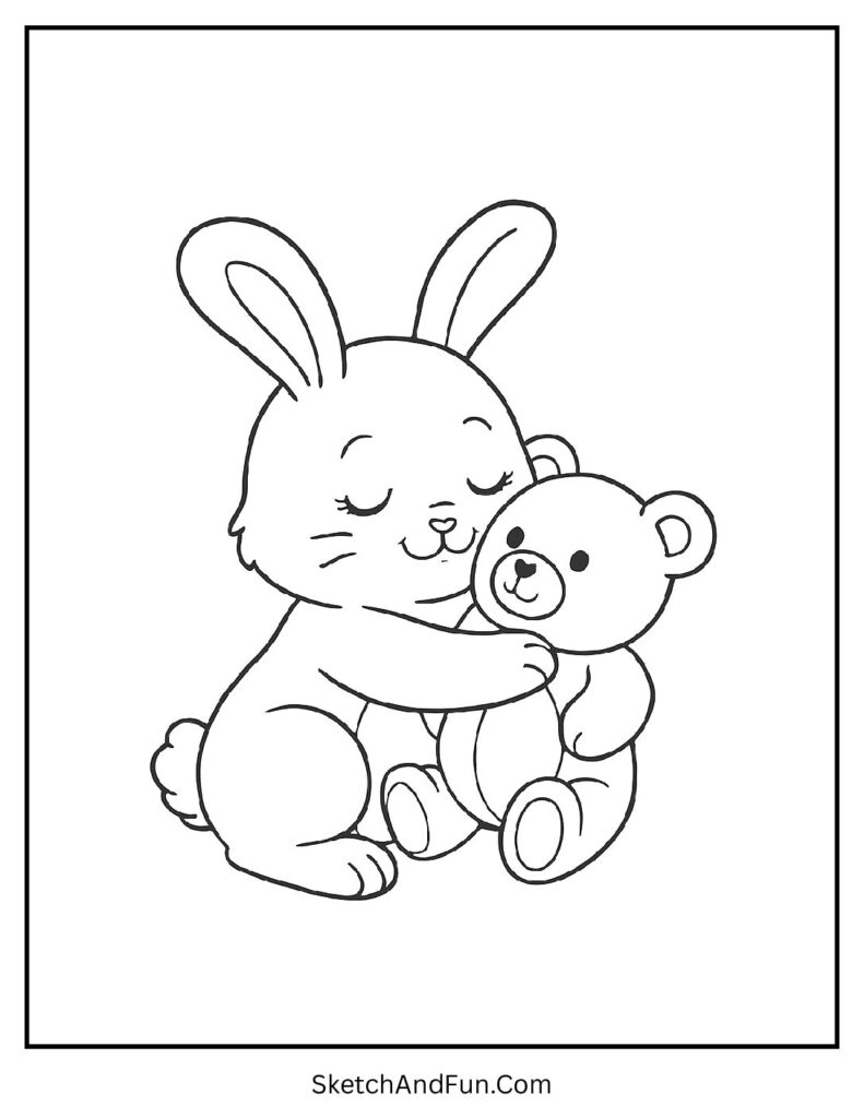 Bunny hugging a plush teddy toy from cute baby bunny coloring pages