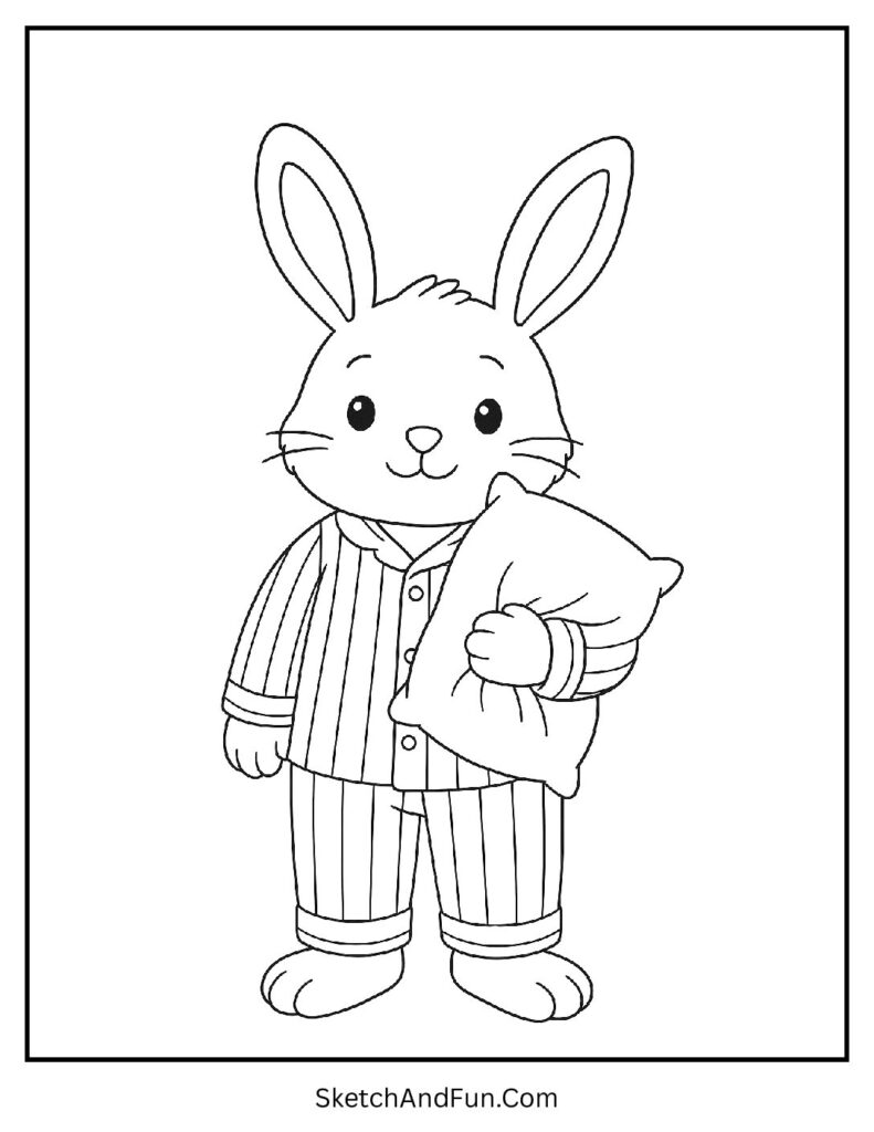 Bunny in striped pajamas with pillow from bunny coloring pages for toddlers
