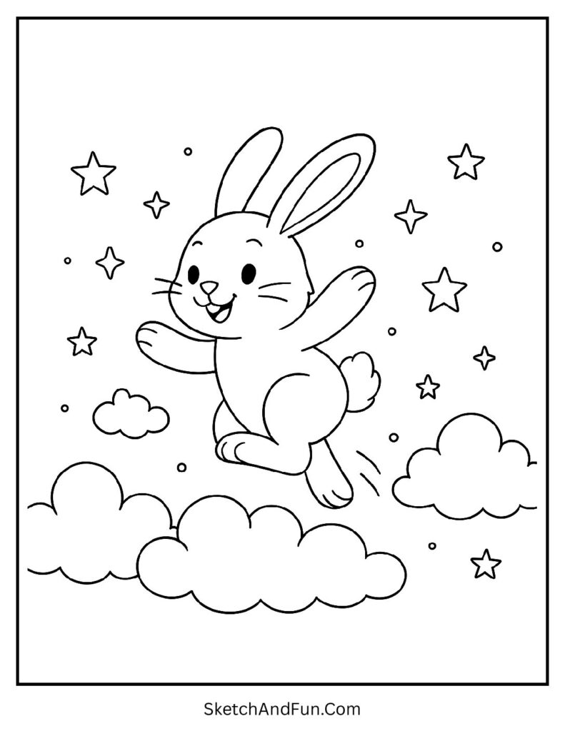 Playful bunny jumping on clouds with stars from kawaii bunny coloring pages