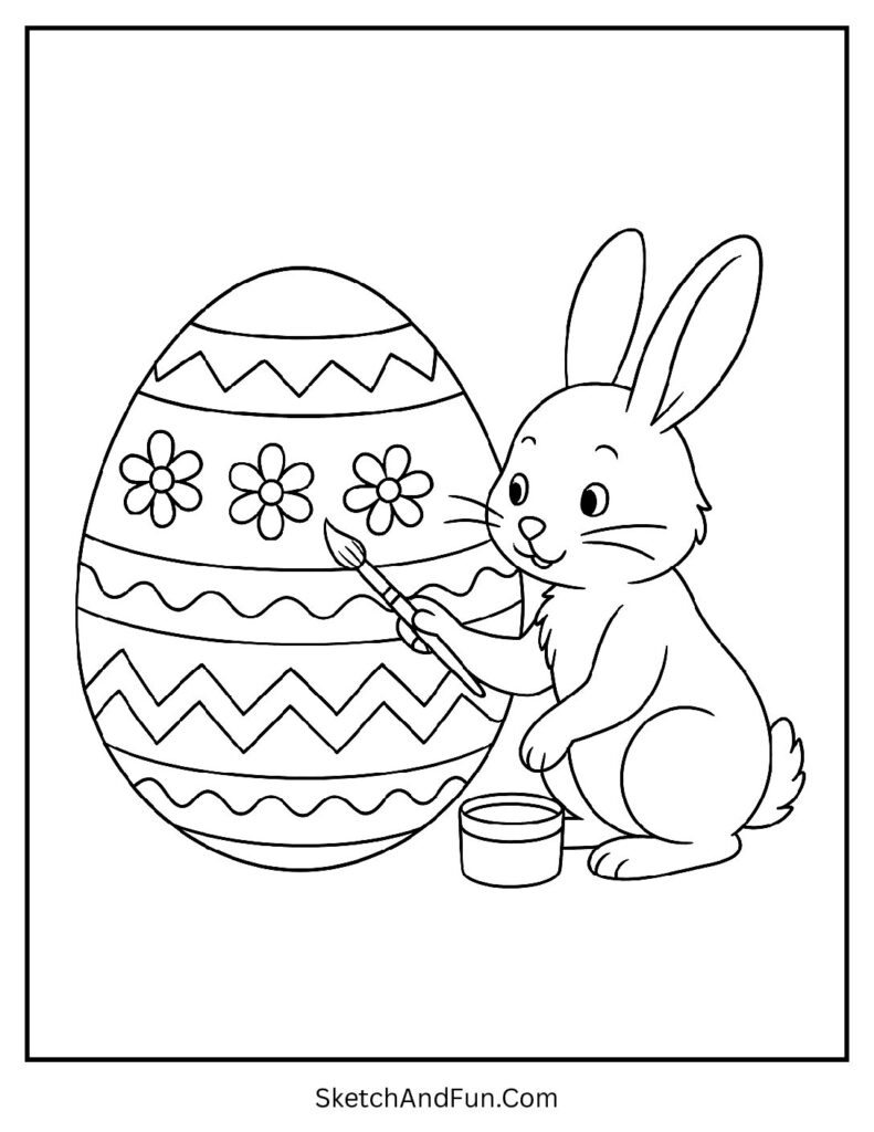 Bunny painting huge egg in Easter coloring pages for boys