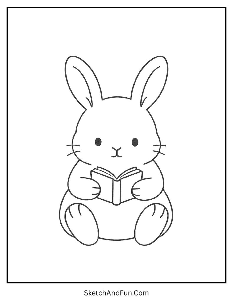 Bunny reading a small book from bunny coloring pages for kindergarten