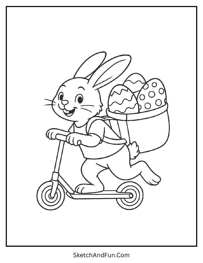 Bunny riding scooter with eggs for Easter coloring pages for girls