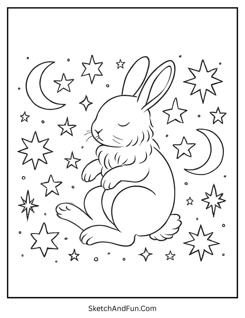 Bunny surrounded by stars and moons from bunny coloring pages digital download