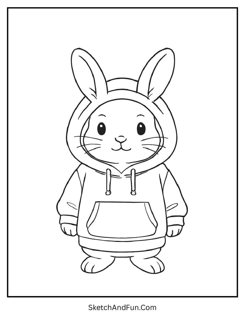Bunny wearing an oversized hoodie from bunny coloring pages for adults