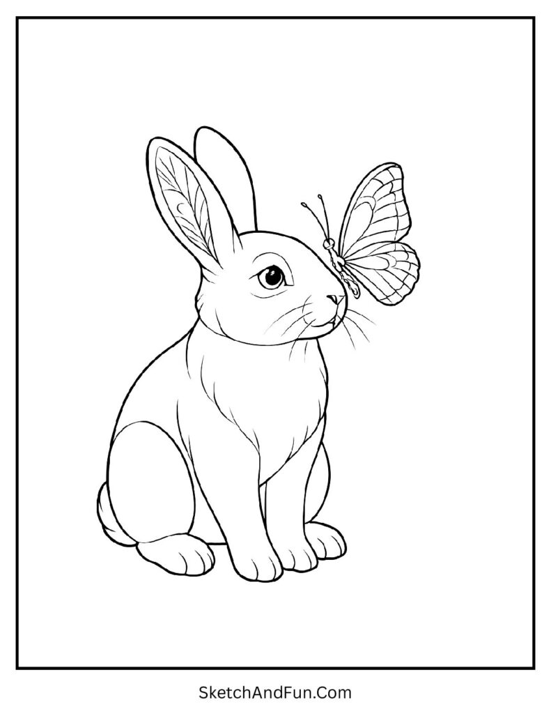 Gentle bunny with butterfly on nose from realistic bunny coloring pages