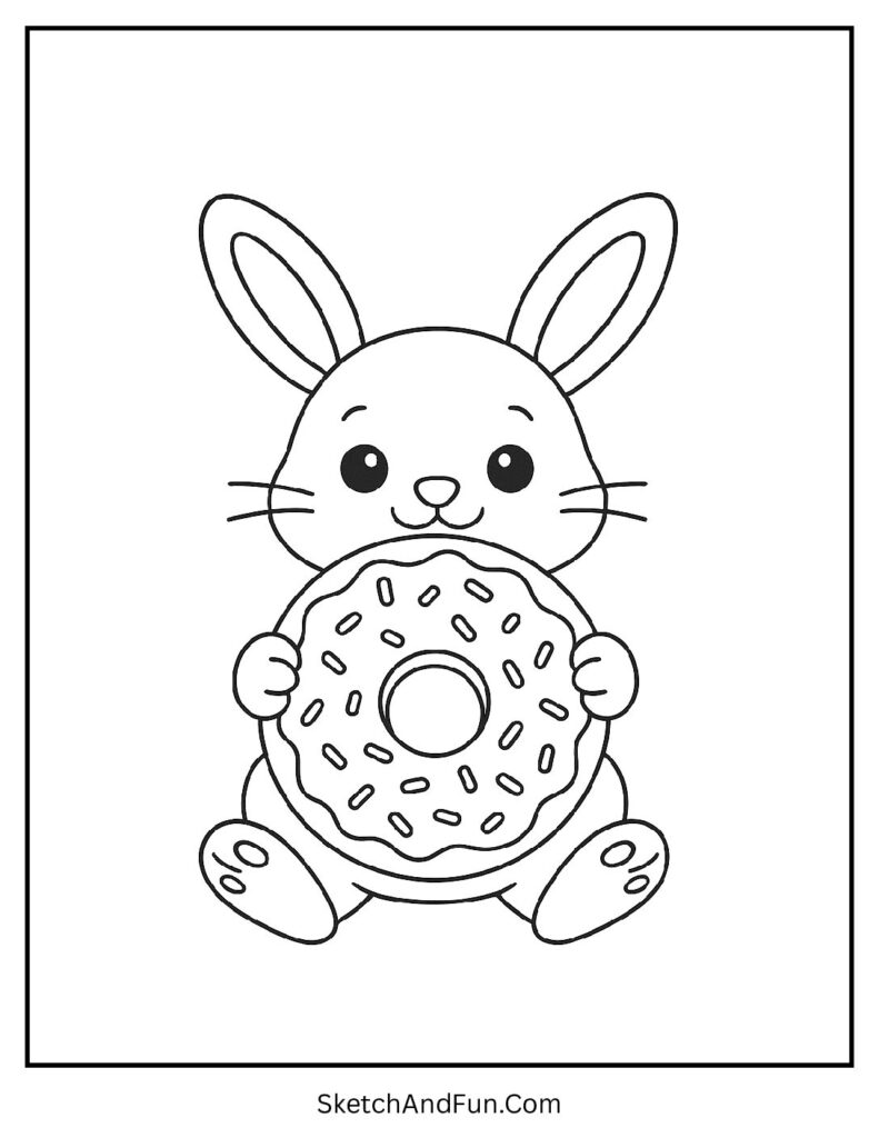 Playful bunny holding a donut from bunny coloring pages easy print