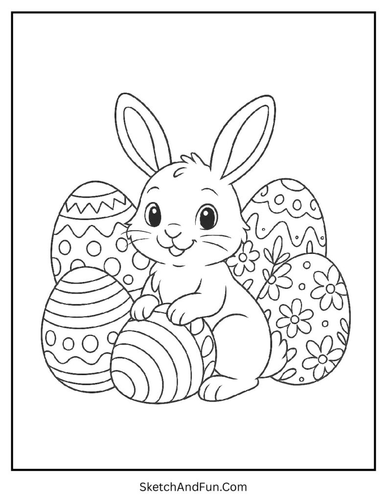 Bunny sitting with decorated eggs from easter bunny coloring pages