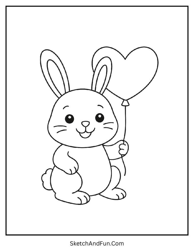 Smiling bunny holding heart balloon from bunny coloring pages for kids
