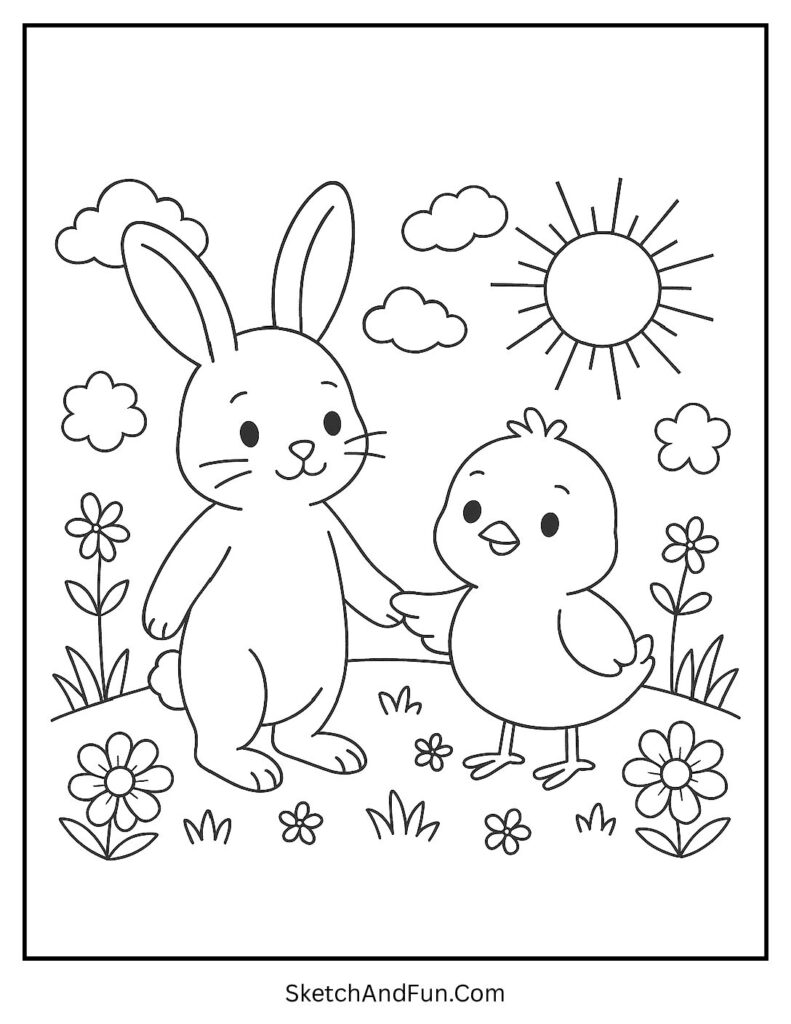 Bunny and chick holding hands for Easter coloring pages for kindergarten
