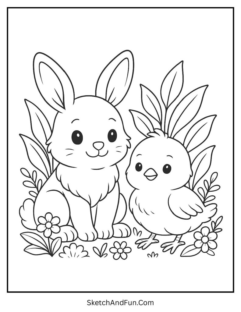 Bunny sitting with a little chick from bunny coloring pages for preschoolers