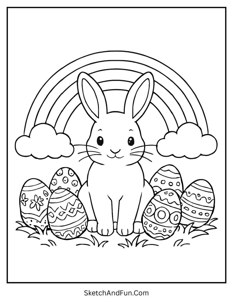 Bunny under rainbow scene for Easter coloring pages A4 printable