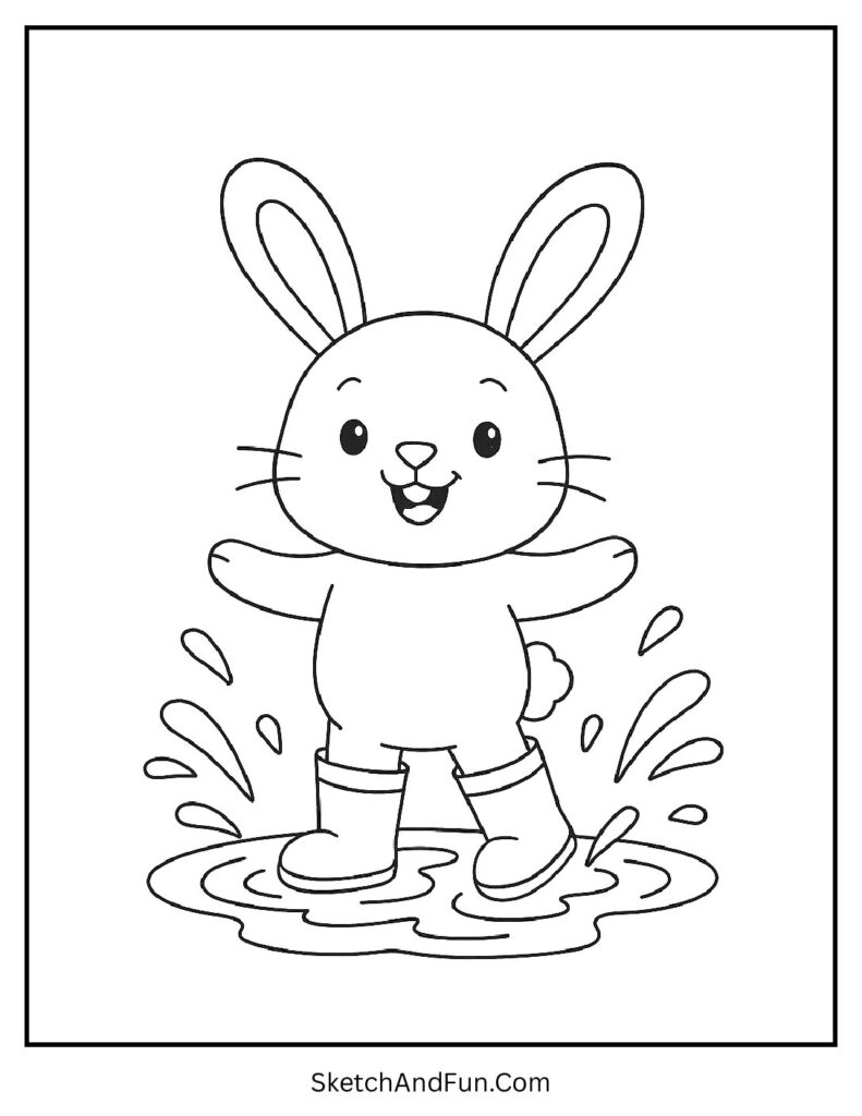 Bunny wearing rain boots in puddles from bunny coloring sheets printable