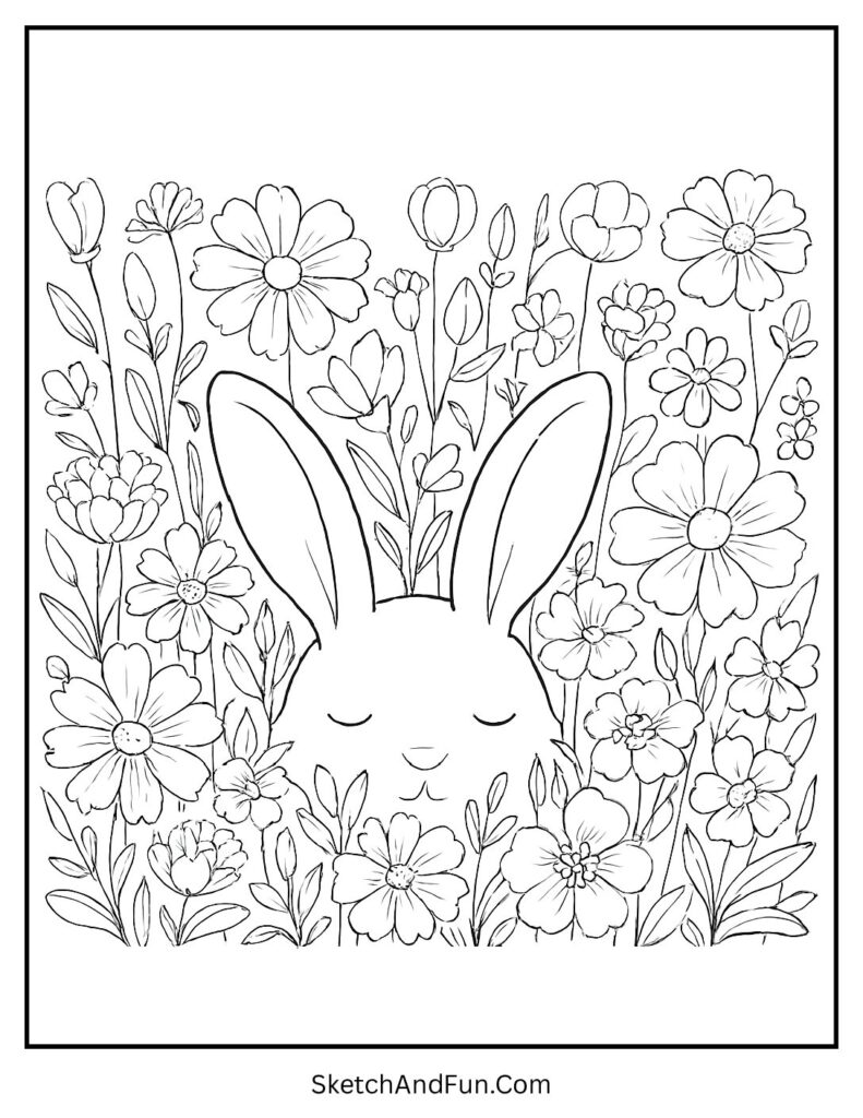 Bunny lying in a flower field from printable bunny coloring pages