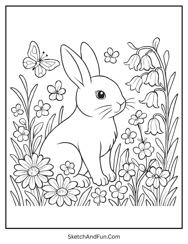 Bunny sitting in a garden with flowers from bunny rabbit coloring pages