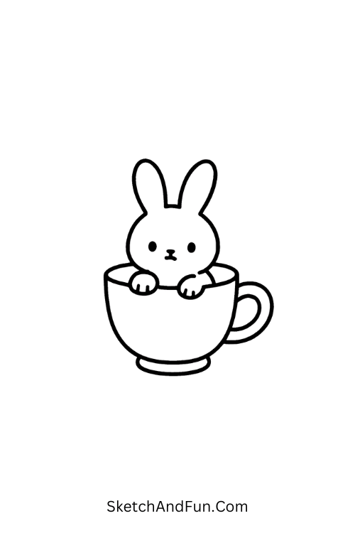 Kawaii easter drawings of a tiny bunny sitting inside a teacup