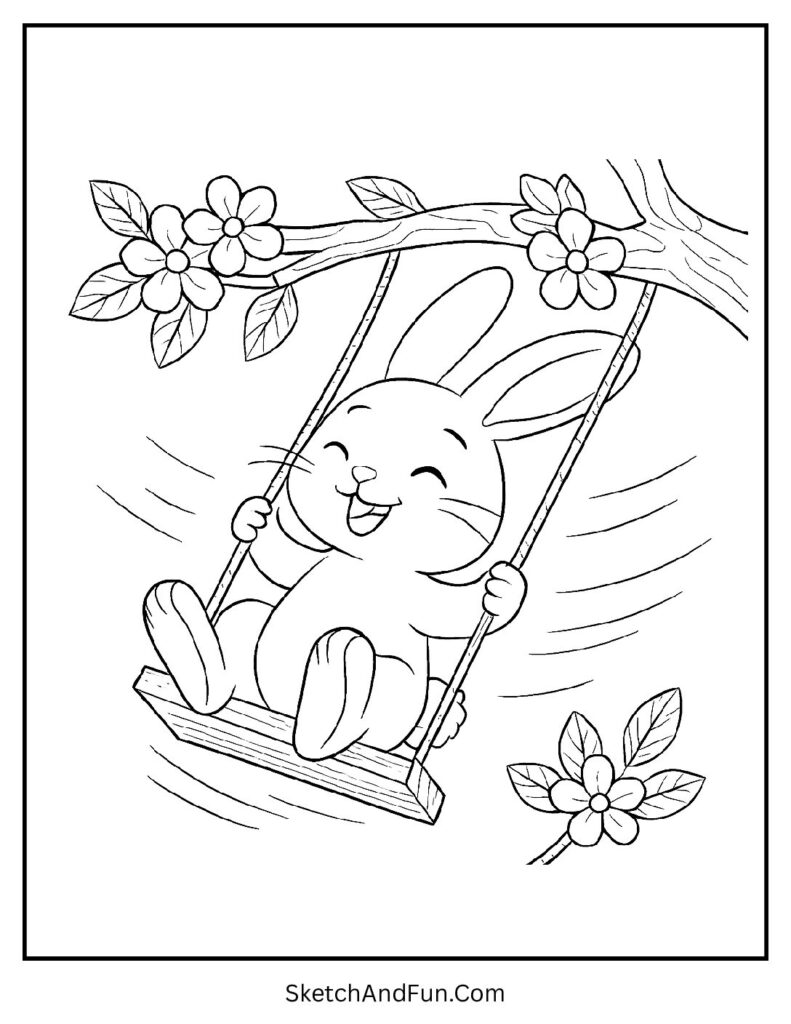 Bunny swinging on a tree branch from bunny coloring pages to print