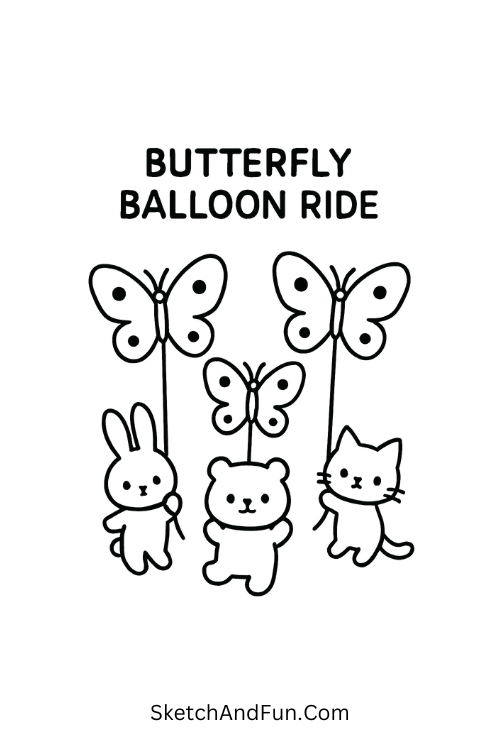Tiny animals floating with butterfly-shaped balloons for spring illustration ideas