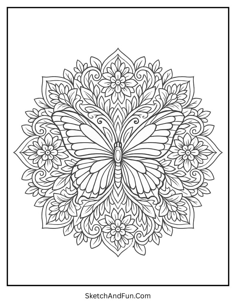 Butterfly mandala art from spring line art coloring pages