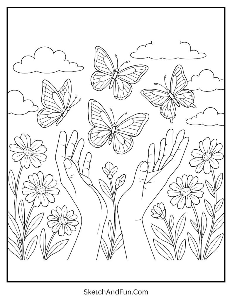 Butterflies flying scene in spring butterfly coloring pages