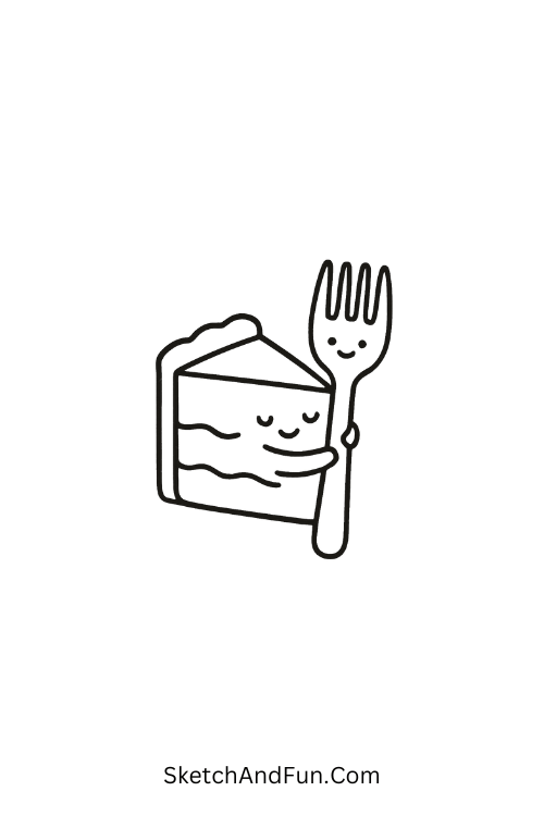 Tiny cake slice hugging fork in a warm birthday doodles hand drawn style