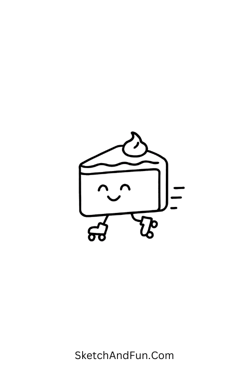 Cake on roller skates racing across page in happy birthday doodles for kids