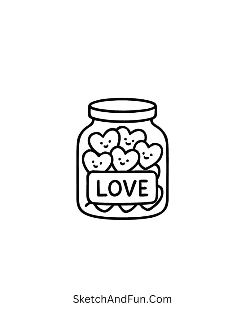 Candy jar filled with heart sweets, bold lines for February doodle coloring pages