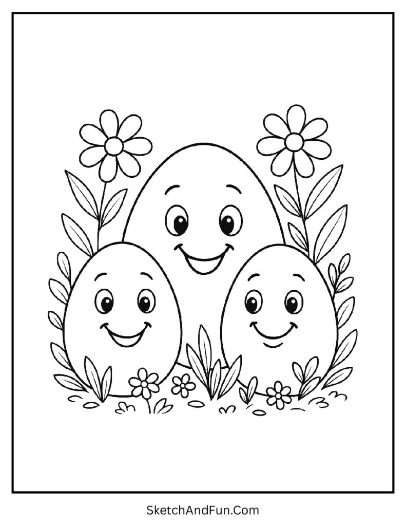 Smiling egg family from easter egg coloring pages for preschoolers friendly style