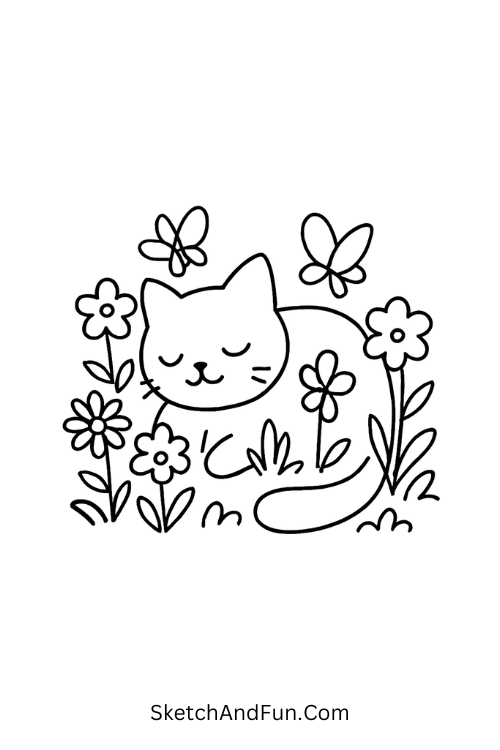 Sleepy cat napping among flowers and butterflies for spring drawing ideas pinterest