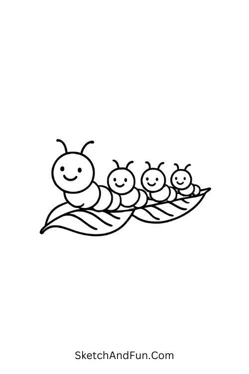 Smiling caterpillars riding leaves like a train for spring cartoon drawing ideas