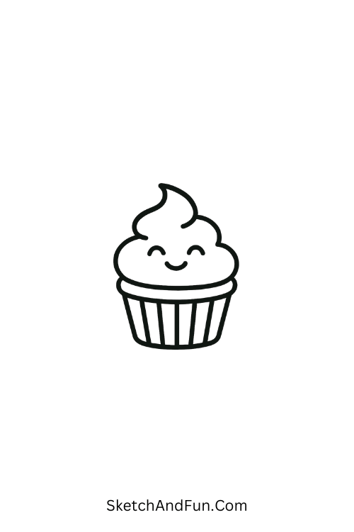 Cheerful cupcake with small frosting swirl shown as easy food doodles for beginners