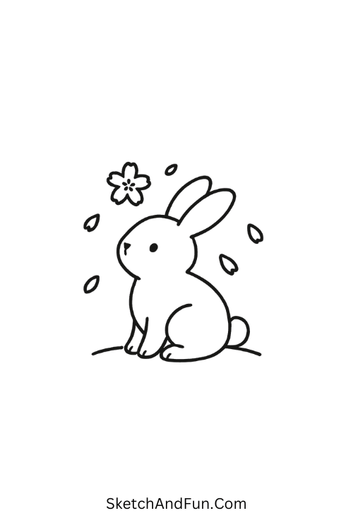 Bunny under falling cherry blossom petals for spring aesthetic doodles