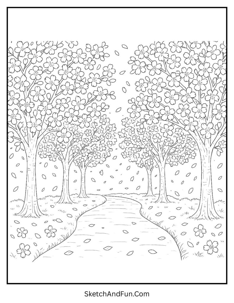 Blossom pathway scene from spring nature coloring pages set