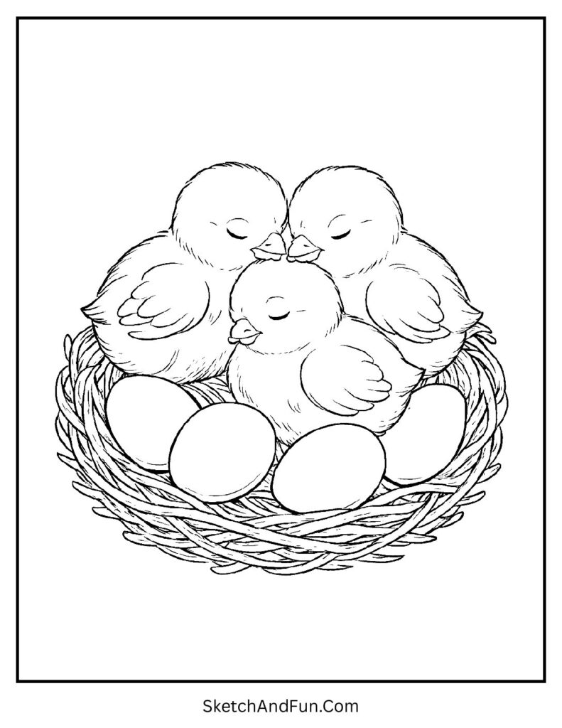 Cuddling baby chicks in nest for Easter coloring pages for toddlers