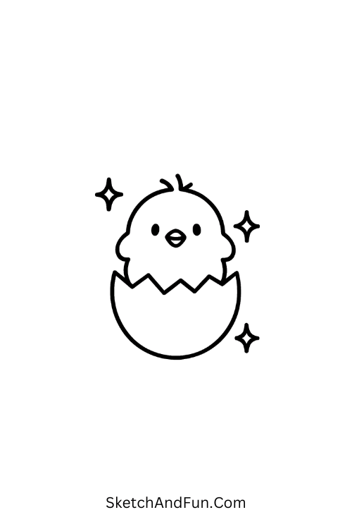 Fluffy chick hatching with sparkles for spring drawings easy