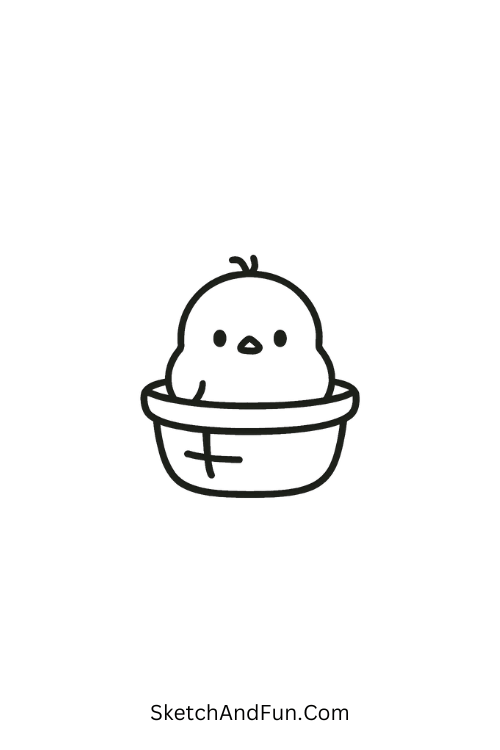 Easter drawing for children featuring a chick sitting inside a basket