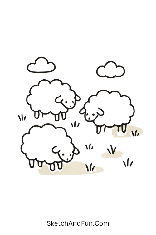 Fluffy sheep grazing on pastel grass for spring nature drawing ideas