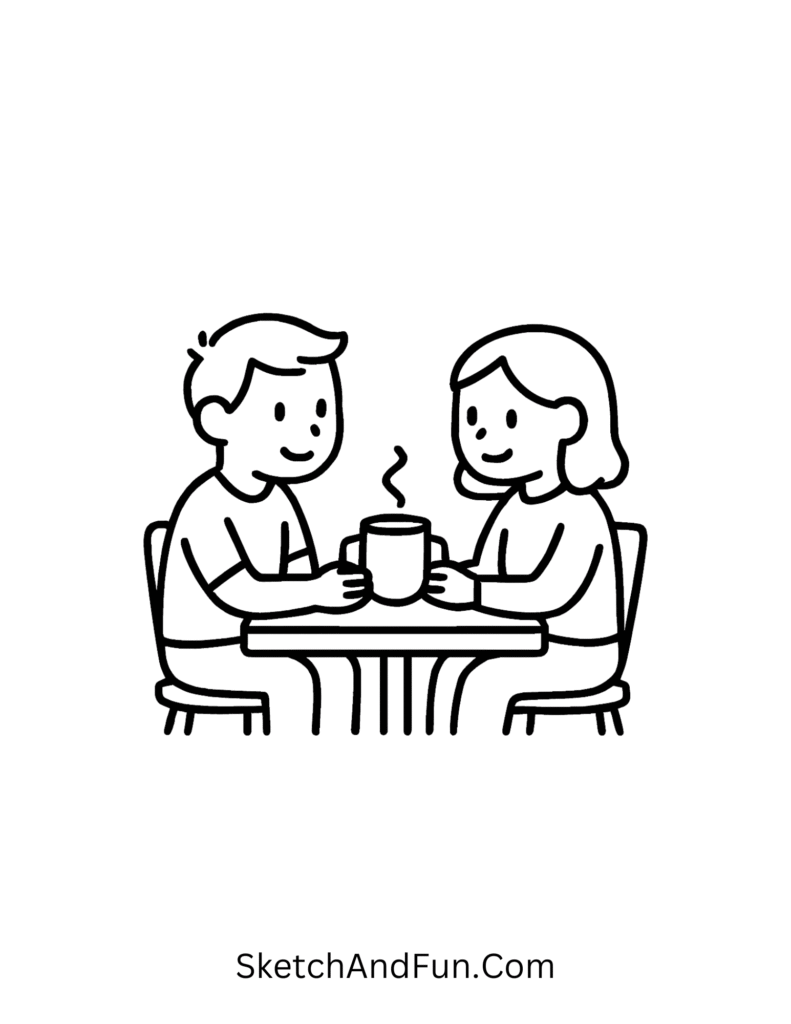 Sweet coffee date with two cups in simple couple doodles