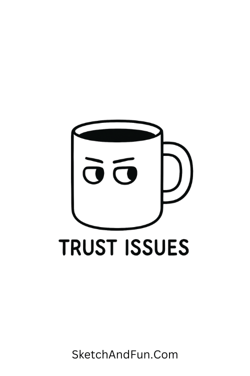 Mug peeking sideways suspiciously, a humorous take for funny doodle drawings.