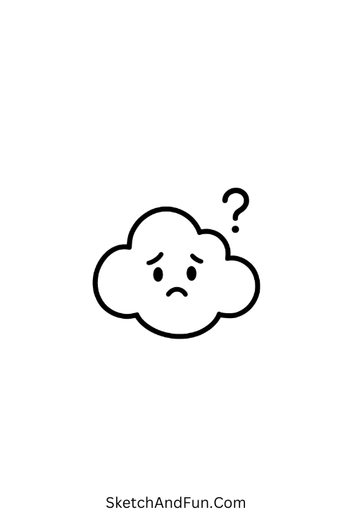 Fluffy cloud tilting eyes with question mark minimal reaction doodle art