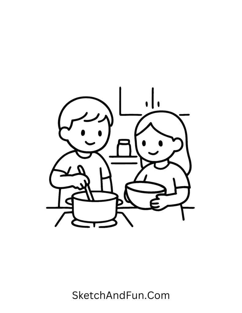 Cooking together at home in hand drawn couple doodles